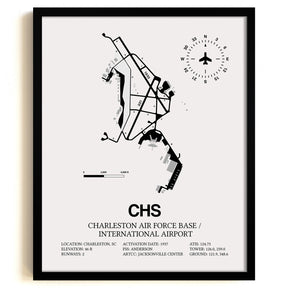 Framed Detailed Airport Map of Charleston International Airport (CHS) in White with a Black Frame