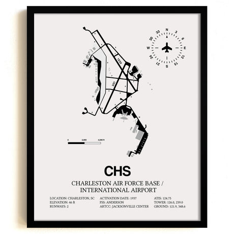 Framed Detailed Airport Map of Charleston International Airport (CHS) in White with a Black Frame