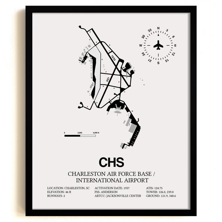 Framed Detailed Airport Map of Charleston International Airport (CHS) in White with a Black Frame