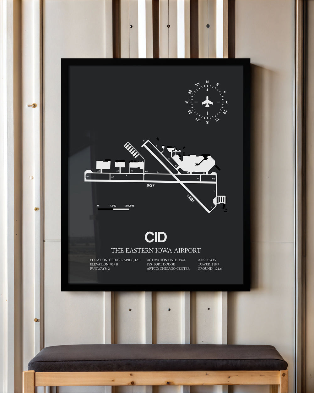 Framed Detailed Airport Map of The Eastern Iowa Airport (CID) in Gray with a Black Frame