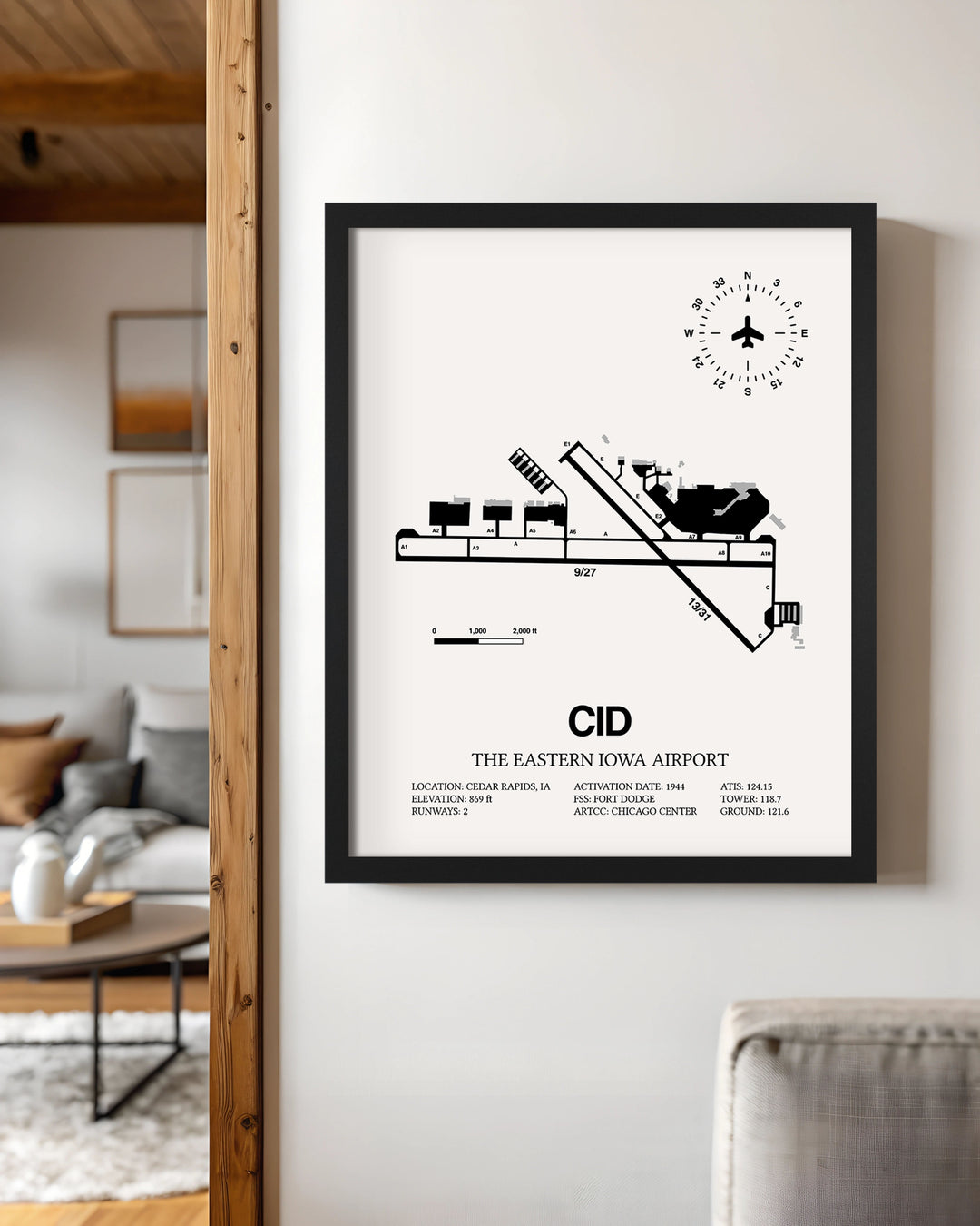 Framed Detailed Airport Map of The Eastern Iowa Airport (CID) in White with a Black Frame