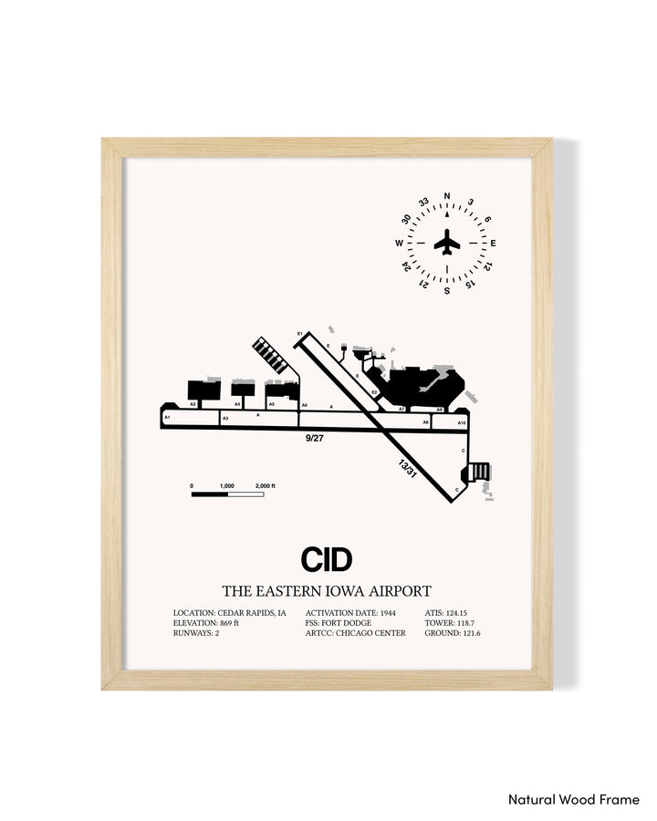 Detailed Airport Map of The Eastern Iowa Airport (CID) in White with a Natural Frame