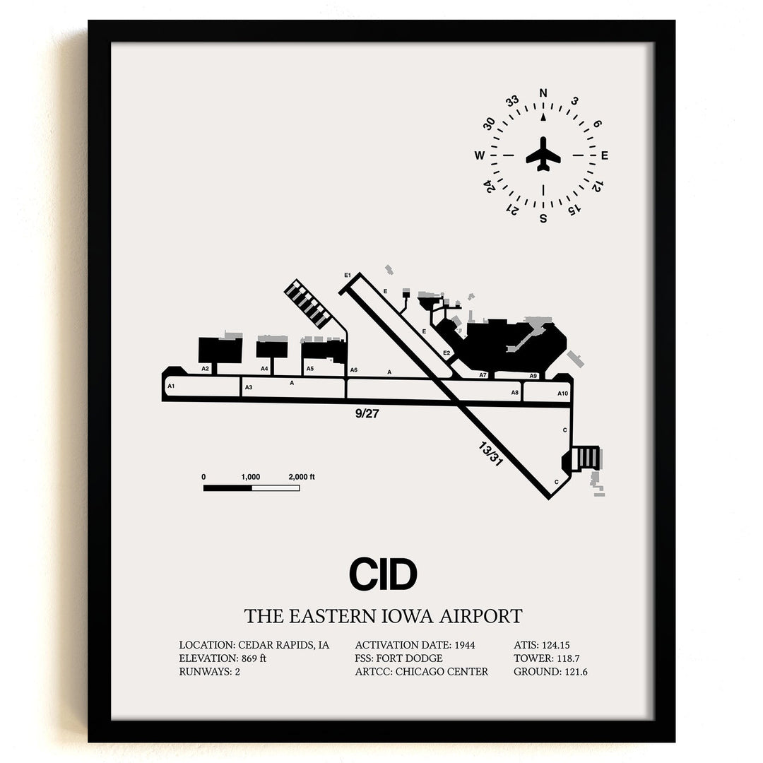 Framed Detailed Airport Map of The Eastern Iowa Airport (CID) in White with a Black Frame