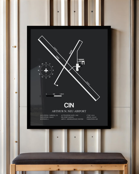 Framed Detailed Airport Map of Arthur N. Neu Airport (CIN) in Gray with a Black Frame
