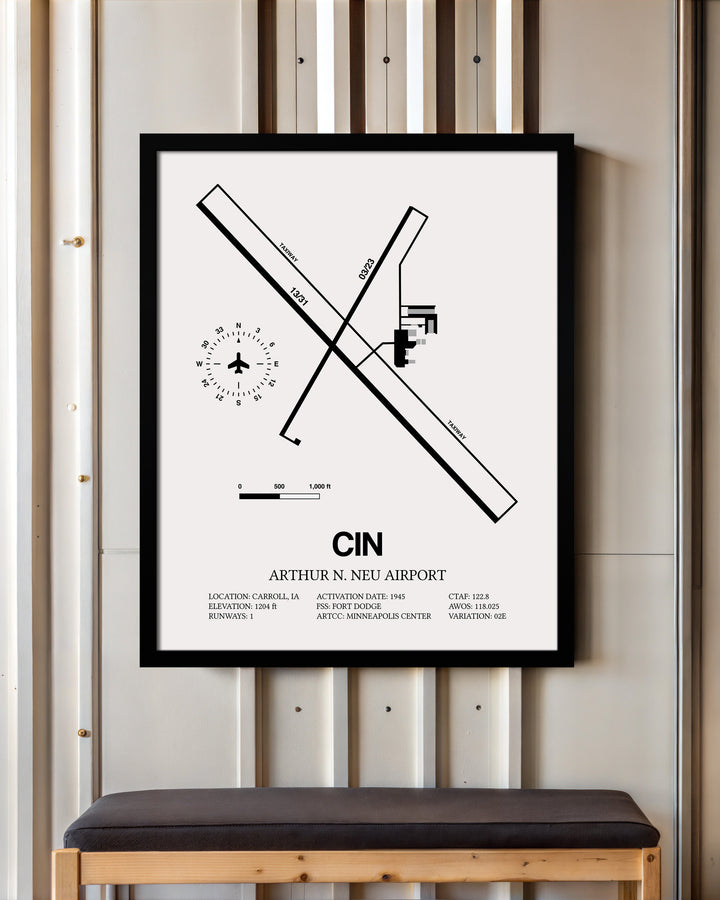 Framed Detailed Airport Map of Arthur N. Neu Airport (CIN) in White with a Black Frame