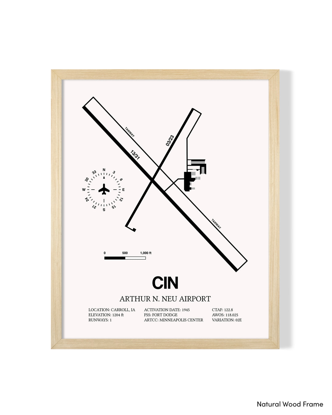 Detailed Airport Map of Arthur N. Neu Airport (CIN) in White with a Natural Frame