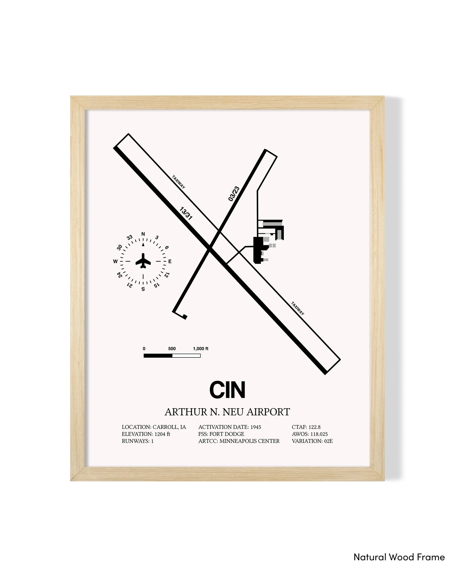 Detailed Airport Map of Arthur N. Neu Airport (CIN) in White with a Natural Frame