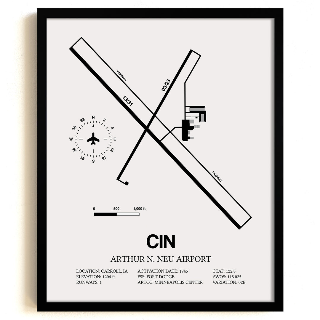 Framed Detailed Airport Map of Arthur N. Neu Airport (CIN) in White with a Black Frame