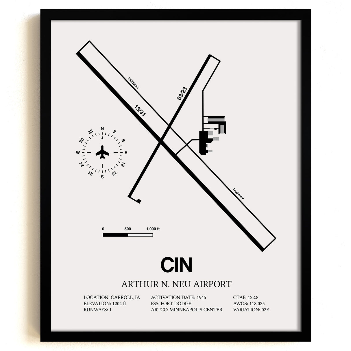 Framed Detailed Airport Map of Arthur N. Neu Airport (CIN) in White with a Black Frame