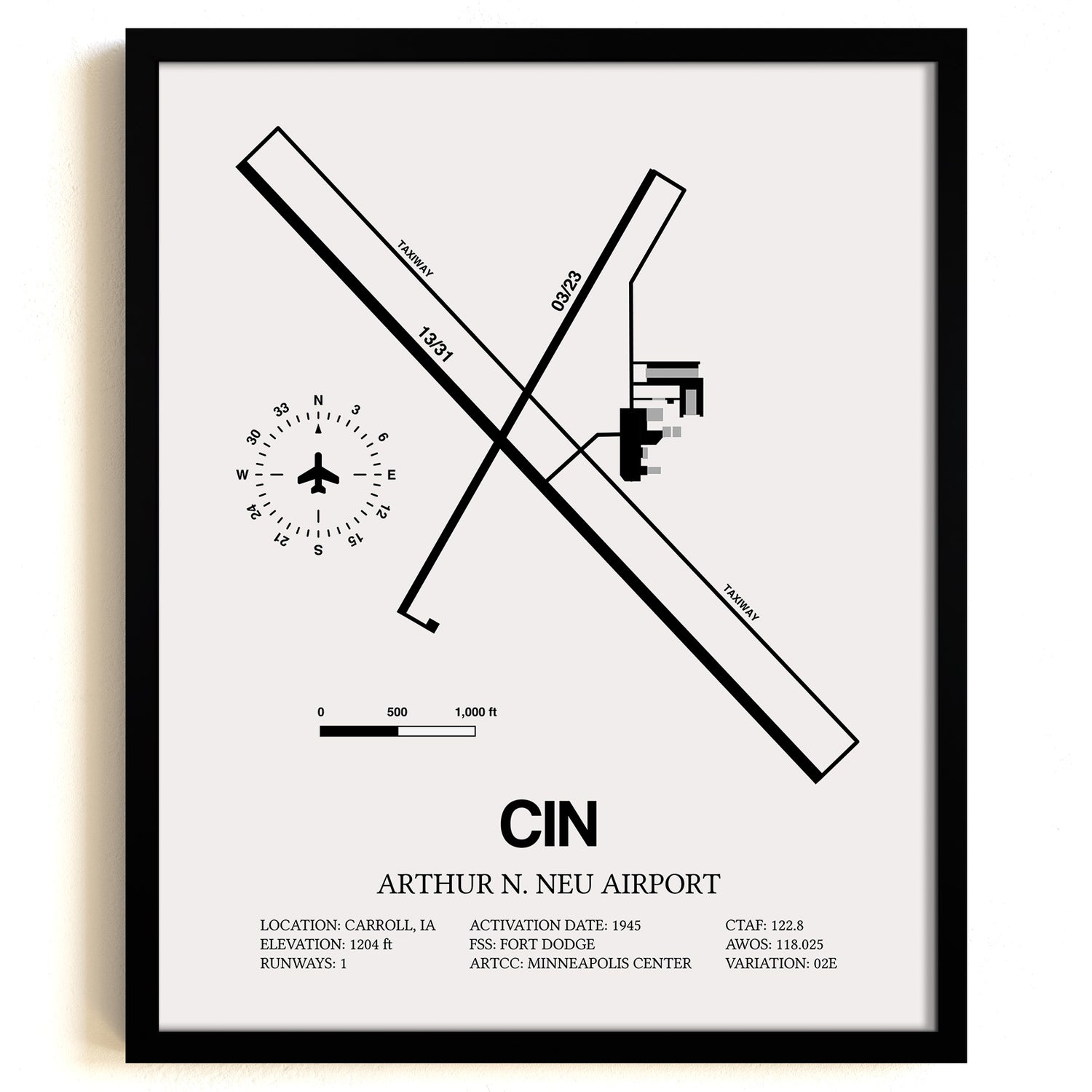 Framed Detailed Airport Map of Arthur N. Neu Airport (CIN) in White with a Black Frame
