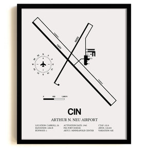 Framed Detailed Airport Map of Arthur N. Neu Airport (CIN) in White with a Black Frame