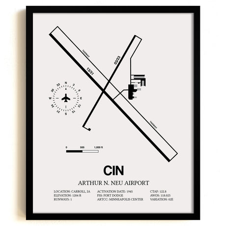 Framed Detailed Airport Map of Arthur N. Neu Airport (CIN) in White with a Black Frame