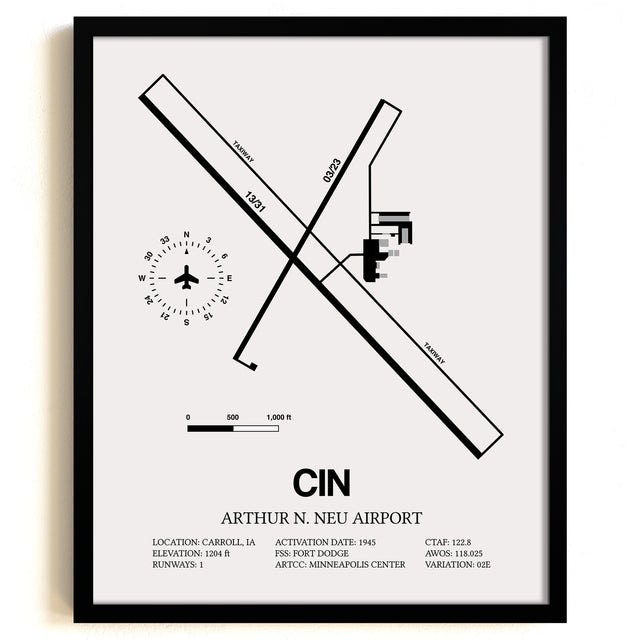 Framed Detailed Airport Map of Arthur N. Neu Airport (CIN) in White with a Black Frame