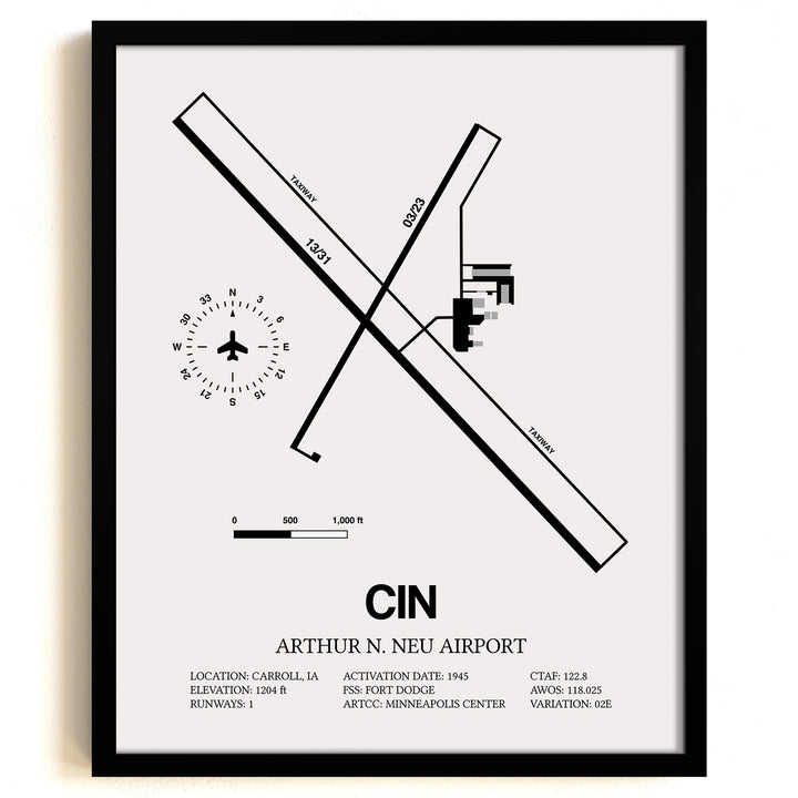 Framed Detailed Airport Map of Arthur N. Neu Airport (CIN) in White with a Black Frame