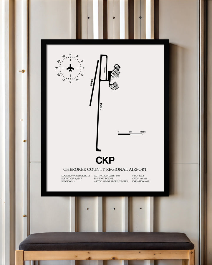 Framed Detailed Airport Map of Cherokee County Regional Airport (CKP) in White with a Black Frame