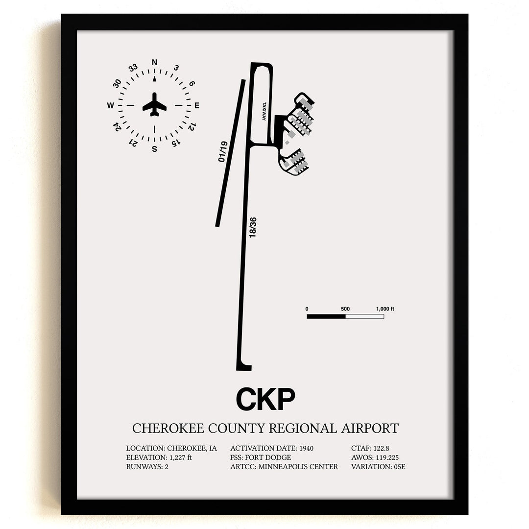 Framed Detailed Airport Map of Cherokee County Regional Airport (CKP) in White with a Black Frame