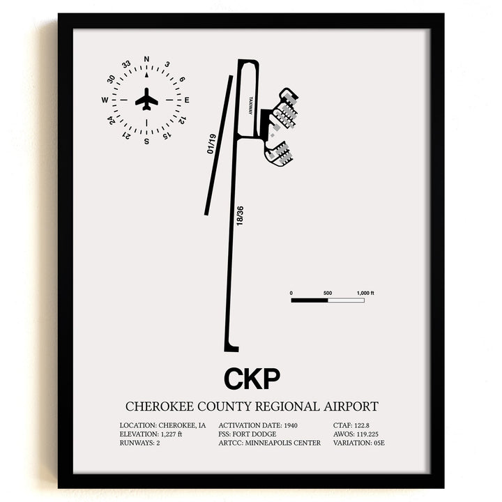 Framed Detailed Airport Map of Cherokee County Regional Airport (CKP) in White with a Black Frame