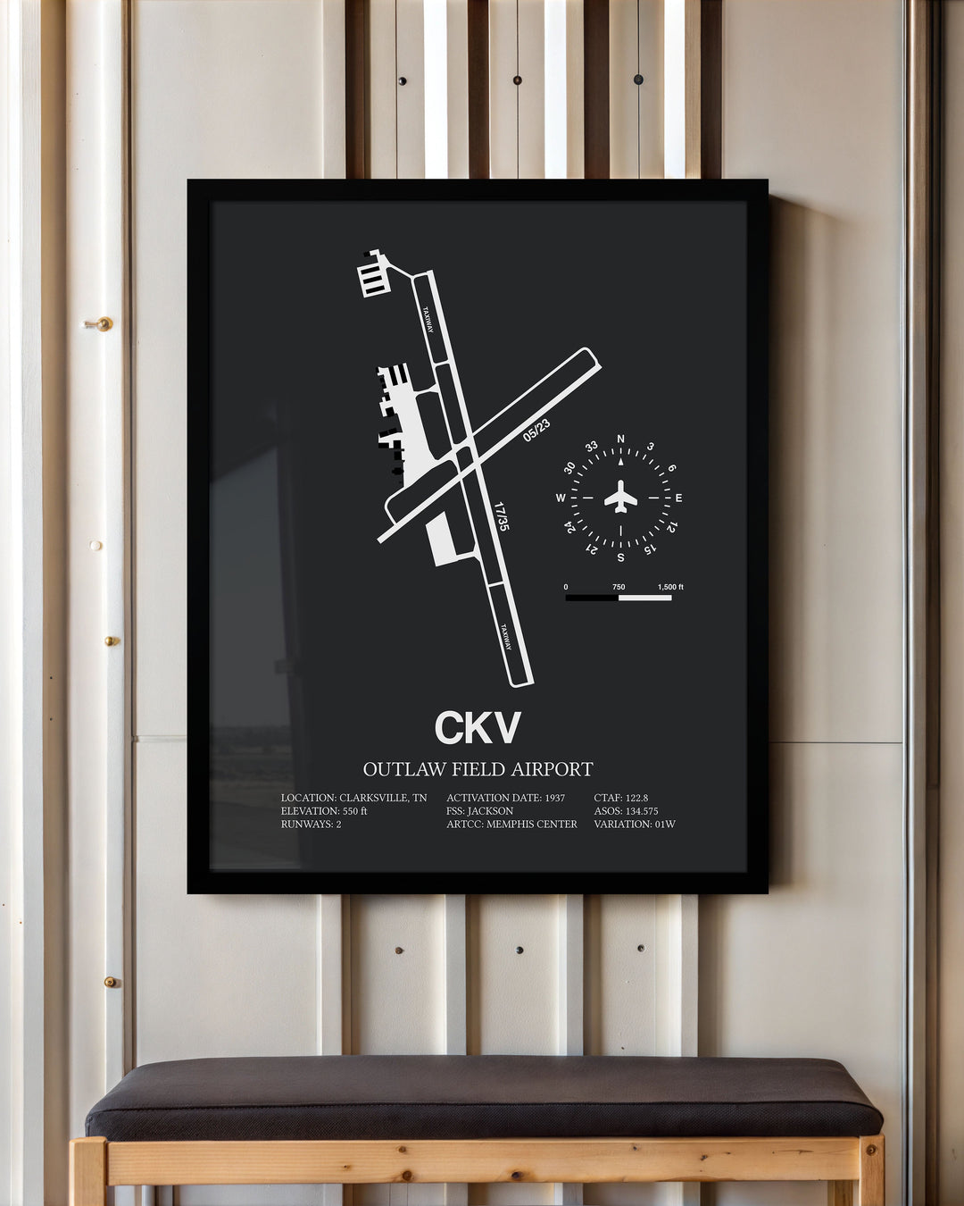 Framed Detailed Airport Map of Outlaw Field Airport (CKV) in Gray with a Black Frame