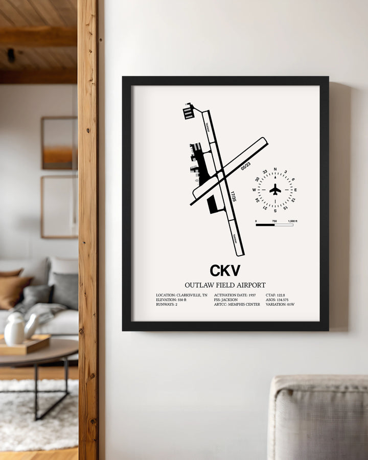 Framed Detailed Airport Map of Outlaw Field Airport (CKV) in White with a Black Frame