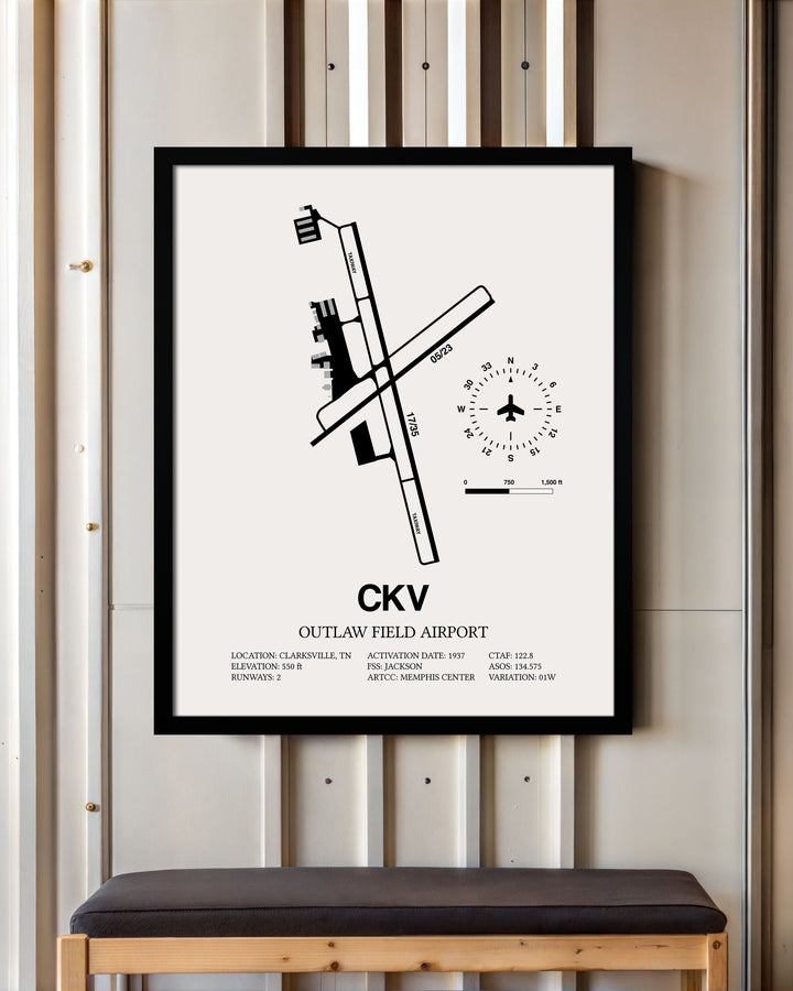 Framed Detailed Airport Map of Outlaw Field Airport (CKV) in White with a Black Frame