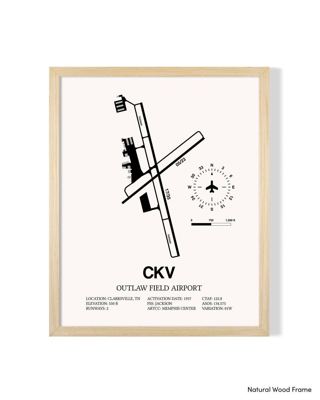 Detailed Airport Map of Outlaw Field Airport (CKV) in White with a Natural Frame
