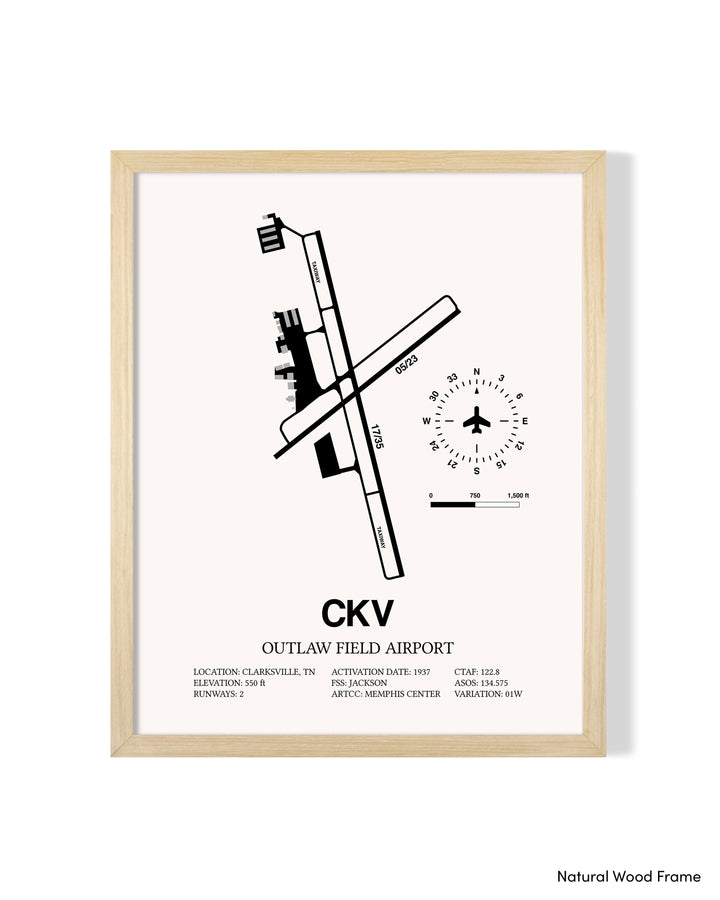 Detailed Airport Map of Outlaw Field Airport (CKV) in White with a Natural Frame