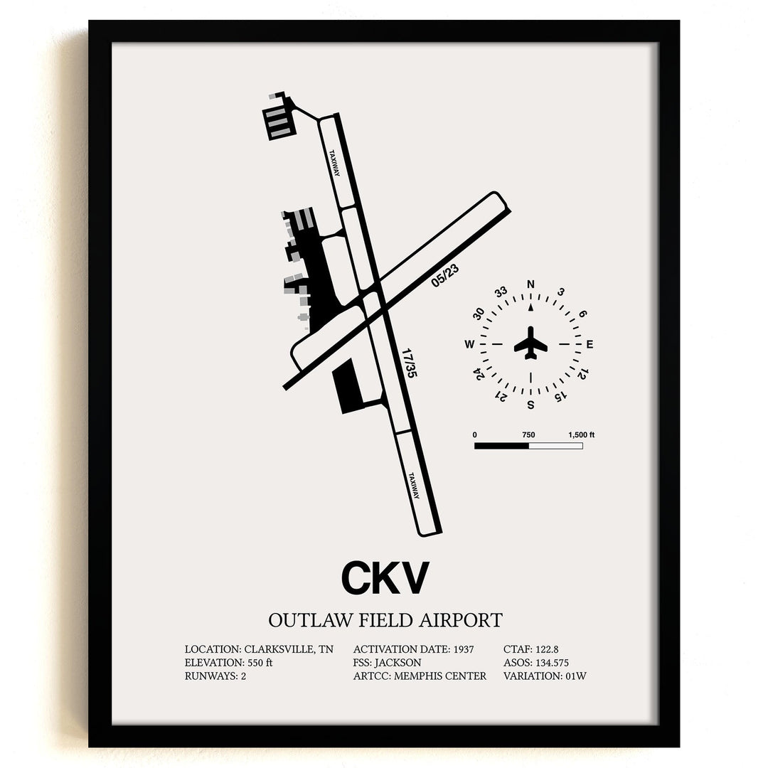 Framed Detailed Airport Map of Outlaw Field Airport (CKV) in White with a Black Frame