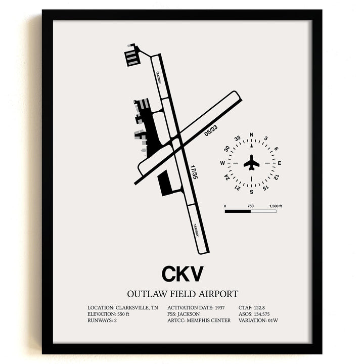 Framed Detailed Airport Map of Outlaw Field Airport (CKV) in White with a Black Frame