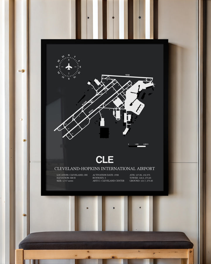 CLE Airport Map, Cleveland Hopkins International Airport Framed Print