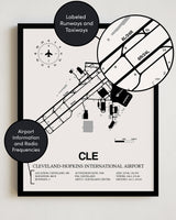 Framed Detailed Airport Map of Cleveland Hopkins International Airport (CLE) in White with a Black Frame