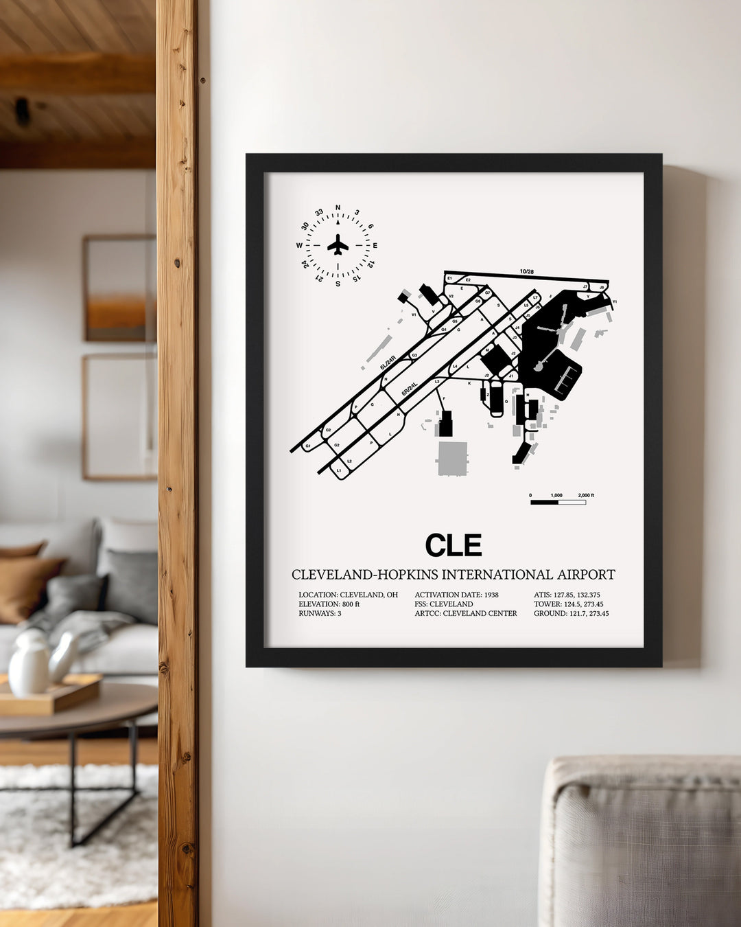 Framed Detailed Airport Map of Cleveland Hopkins International Airport (CLE) in White with a Black Frame