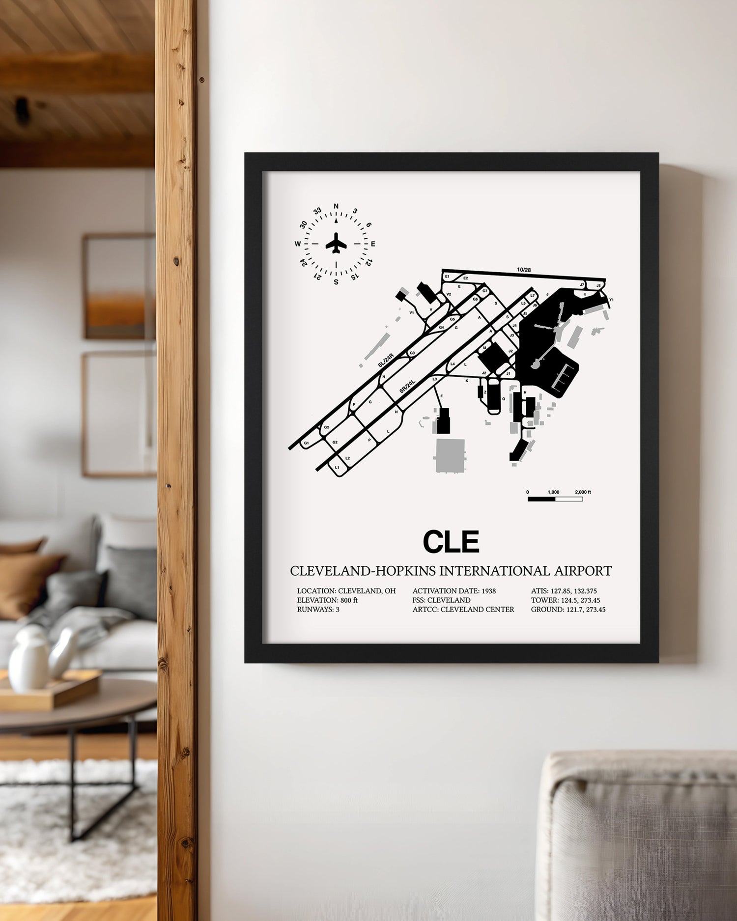 Framed Detailed Airport Map of Cleveland Hopkins International Airport (CLE) in White with a Black Frame