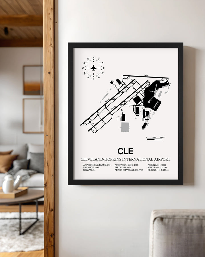 Framed Detailed Airport Map of Cleveland Hopkins International Airport (CLE) in White with a Black Frame