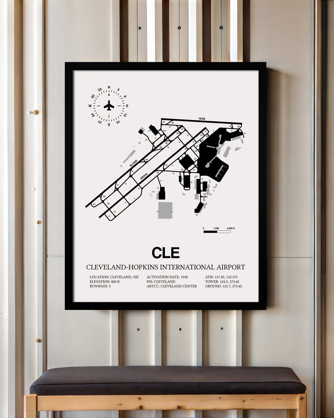 Framed Detailed Airport Map of Cleveland Hopkins International Airport (CLE) in White with a Black Frame