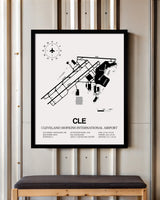 Framed Detailed Airport Map of Cleveland Hopkins International Airport (CLE) in White with a Black Frame