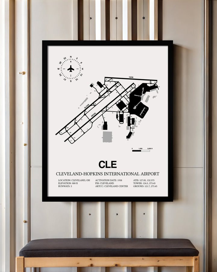 Framed Detailed Airport Map of Cleveland Hopkins International Airport (CLE) in White with a Black Frame