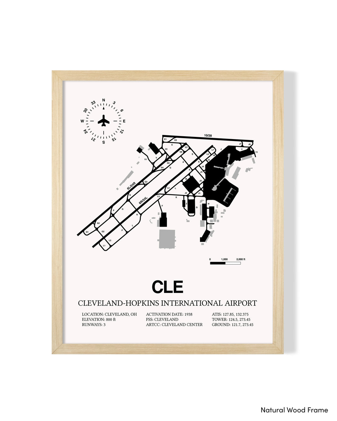 Detailed Airport Map of Cleveland Hopkins International Airport (CLE) in White with a Natural Frame