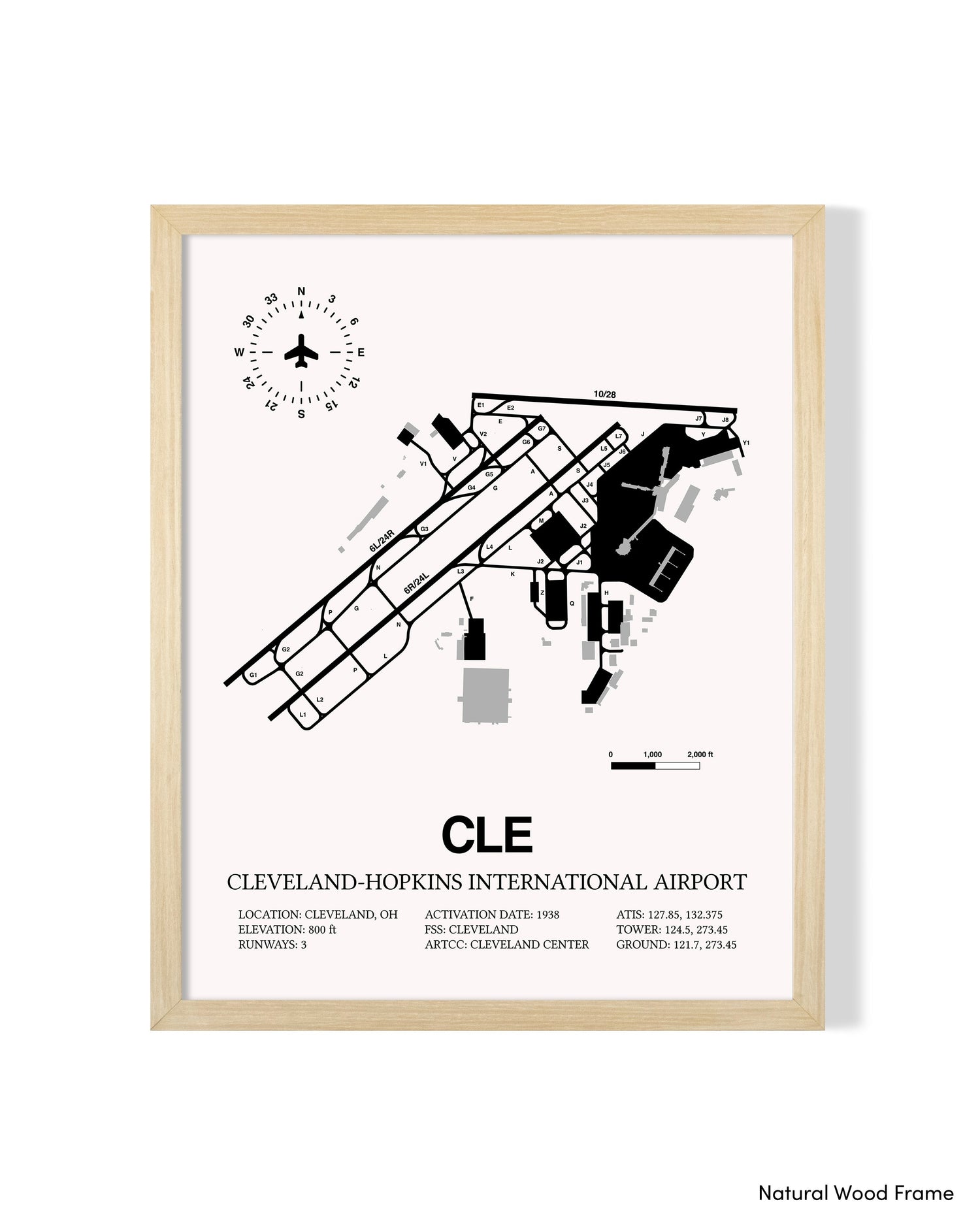 Detailed Airport Map of Cleveland Hopkins International Airport (CLE) in White with a Natural Frame