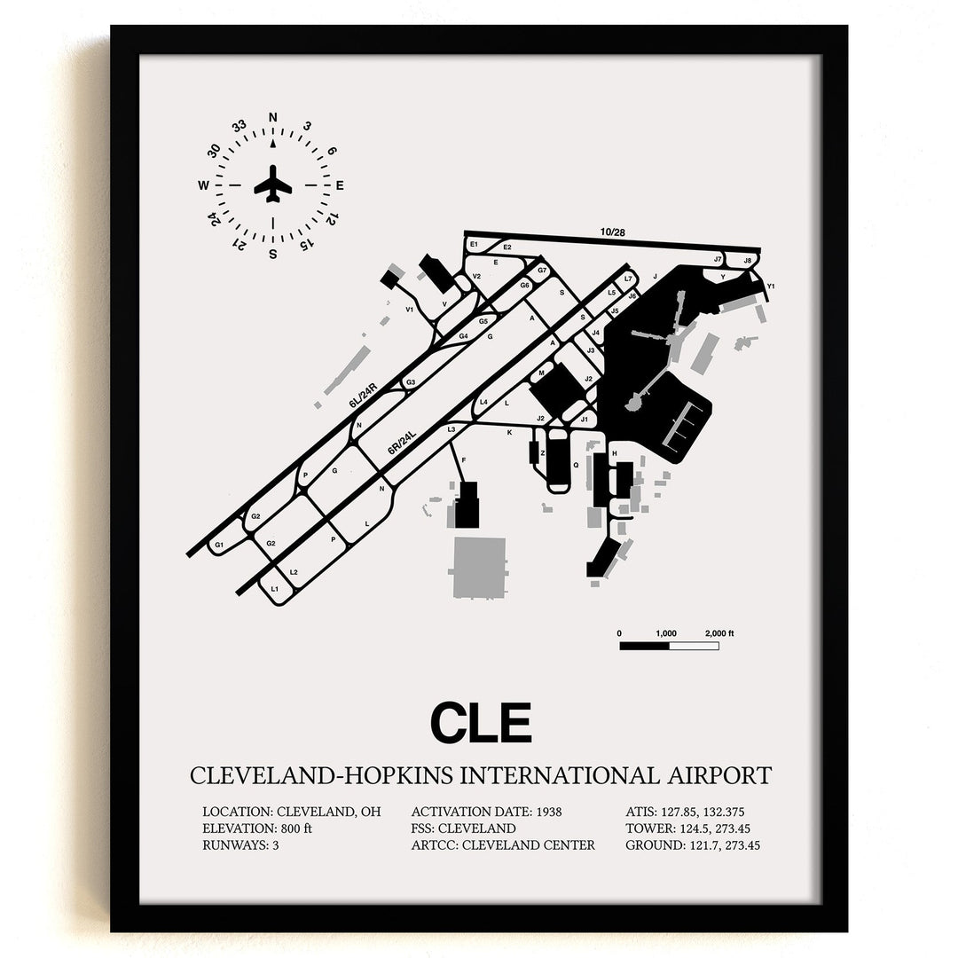 Framed Detailed Airport Map of Cleveland Hopkins International Airport (CLE) in White with a Black Frame