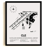 Framed Detailed Airport Map of Cleveland Hopkins International Airport (CLE) in White with a Black Frame