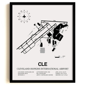 Framed Detailed Airport Map of Cleveland Hopkins International Airport (CLE) in White with a Black Frame