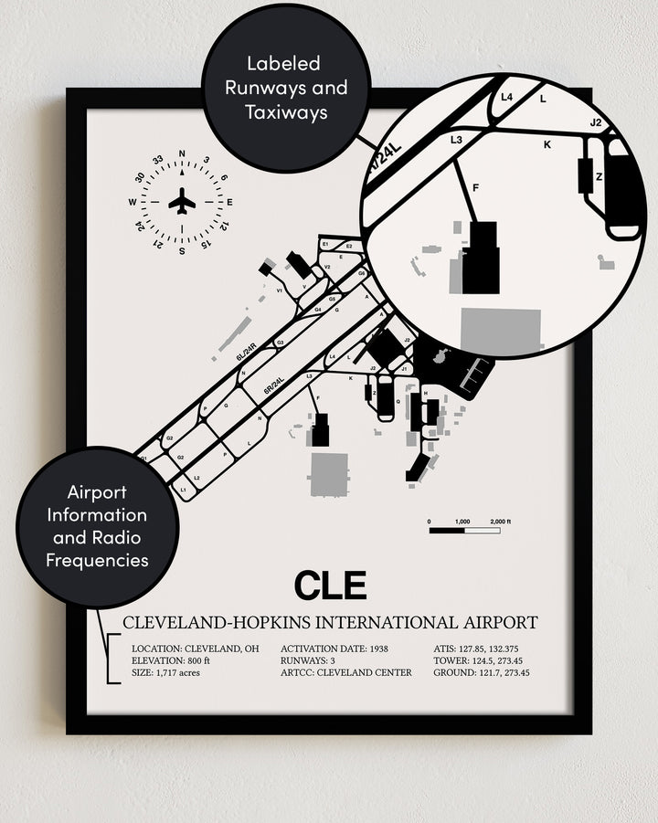 CLE Airport Map, Cleveland Hopkins International Airport Framed Print