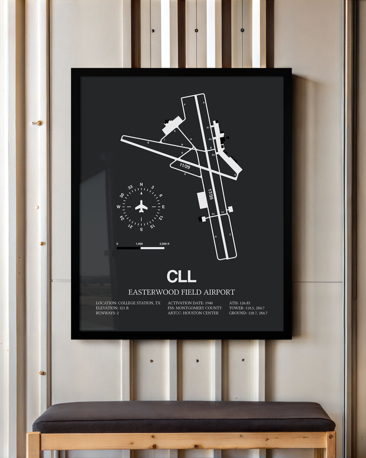 Framed Detailed Airport Map of Easterwood Field Airport (CLL) in Gray with a Black Frame