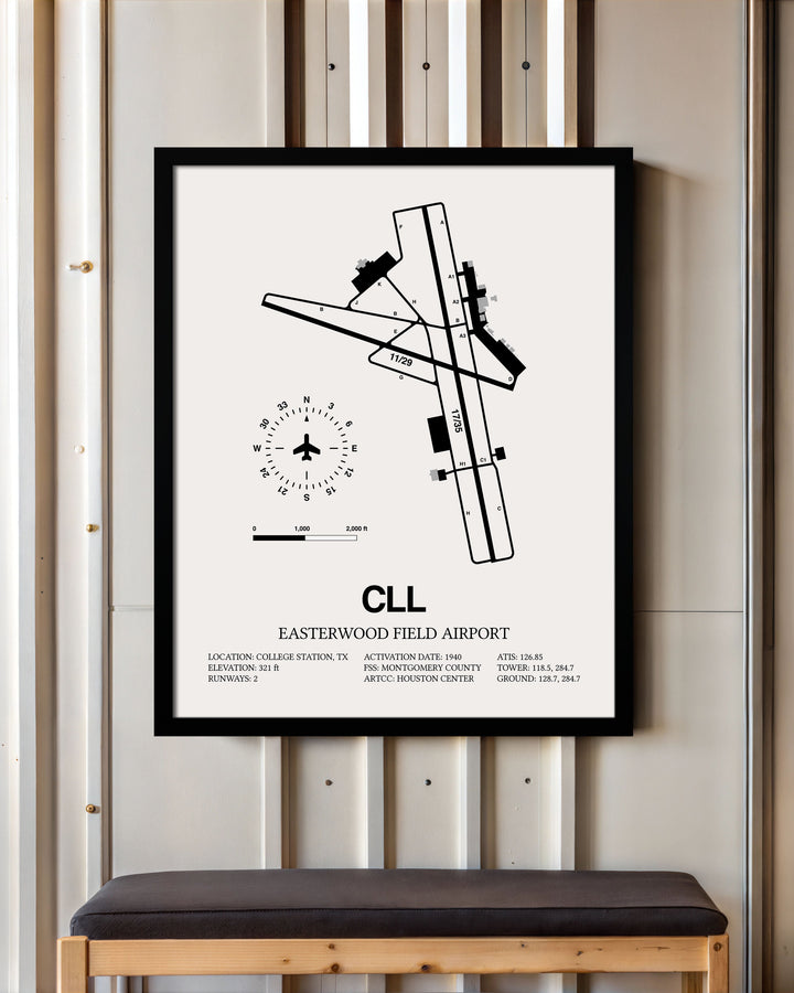 Framed Detailed Airport Map of Easterwood Field Airport (CLL) in White with a Black Frame
