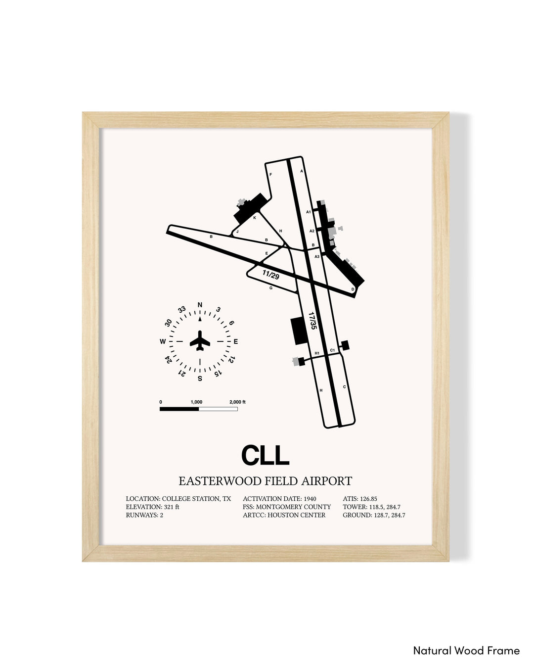 Detailed Airport Map of Easterwood Field Airport (CLL) in White with a Natural Frame