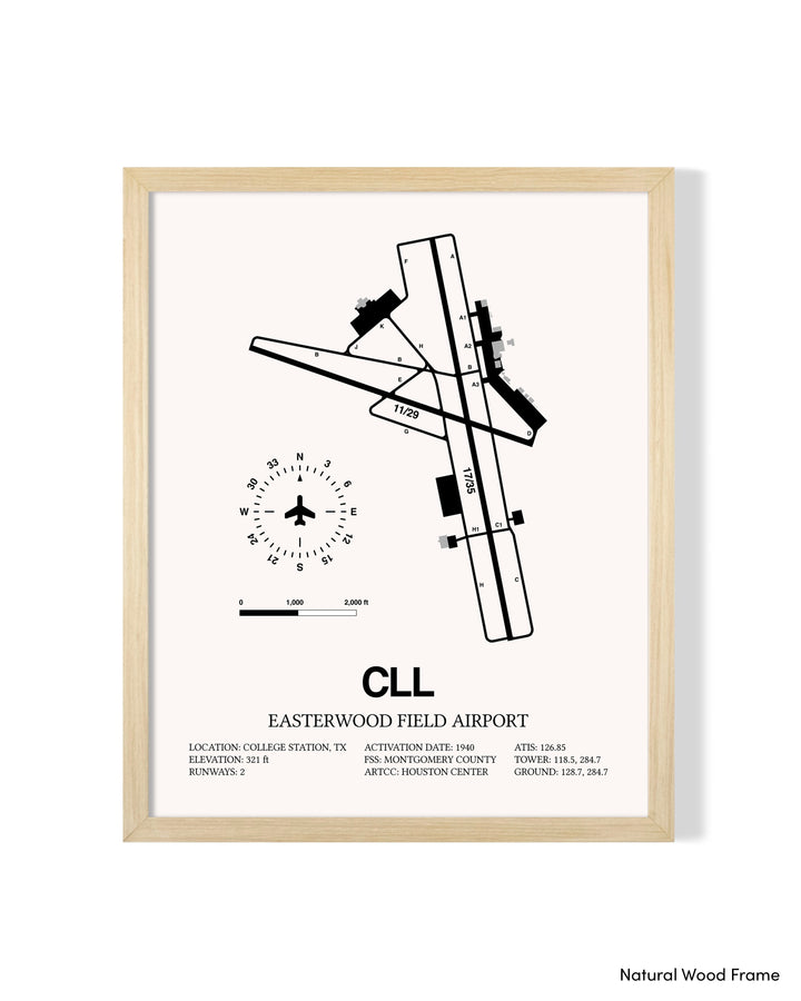 Detailed Airport Map of Easterwood Field Airport (CLL) in White with a Natural Frame