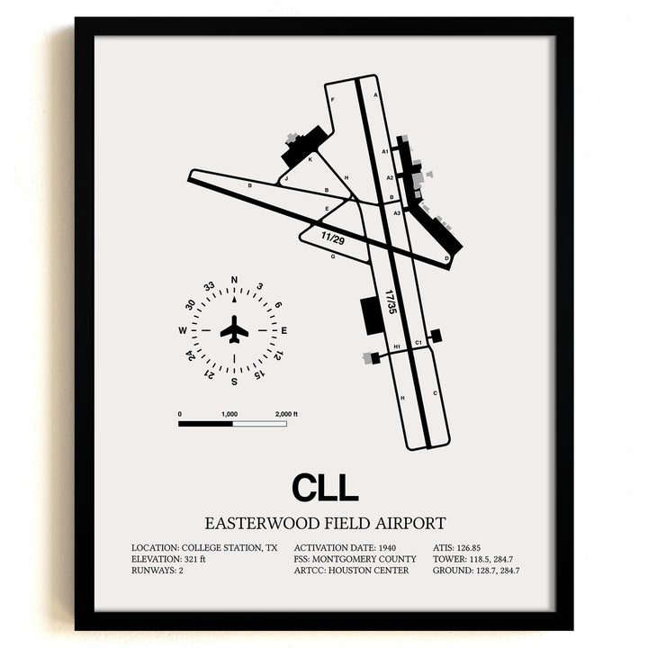 Framed Detailed Airport Map of Easterwood Field Airport (CLL) in White with a Black Frame