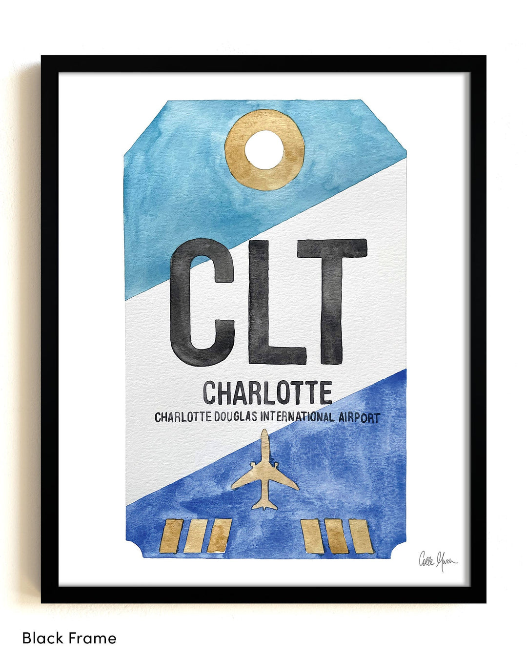 Framed Watercolor Print of Charlotte Douglas International Airport (CLT) with a Black Frame