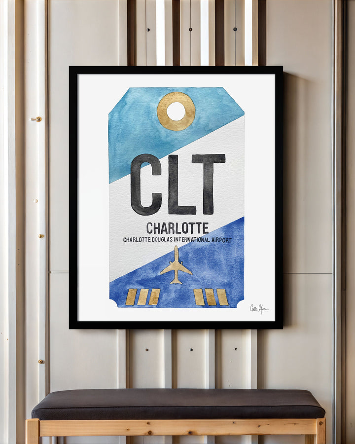 Framed Watercolor Print of Charlotte Douglas International Airport (CLT) with a Black Frame