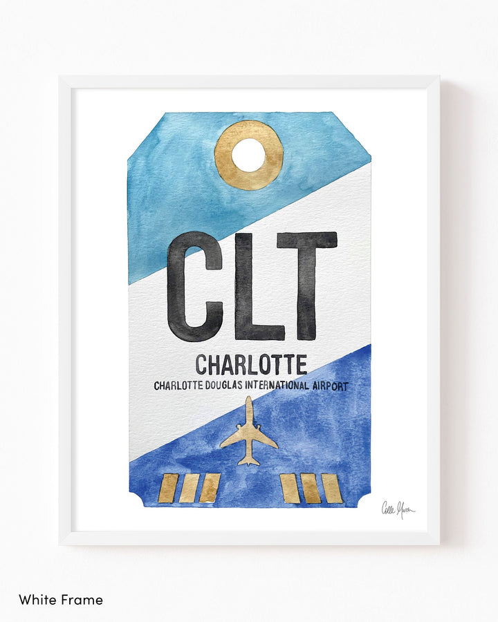 Framed Watercolor Print of Charlotte Douglas International Airport (CLT) with a White Frame
